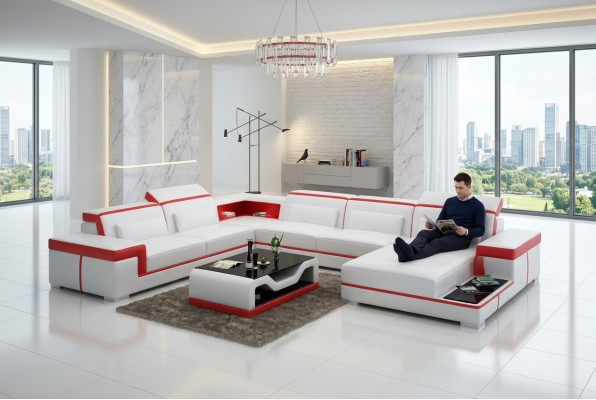 Moderna zona de estar sofá de cuero esquinero tapizado sofá sofá en forma de L sofá paisajístico + USB