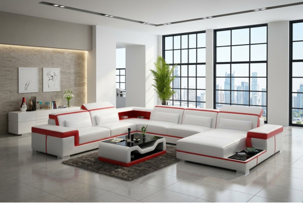 Moderna zona de estar sofá de cuero esquinero tapizado sofá sofá en forma de L sofá paisajístico + USB