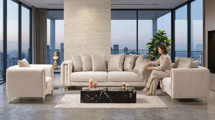 Diseño textil sofá blanco de 3 plazas elegante y moderno, acolchado, nuevo para salón.