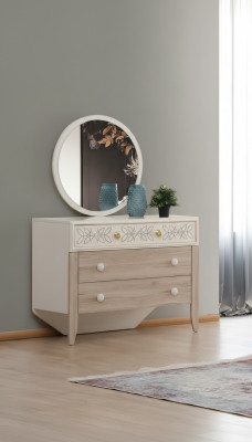 Set de tocador con espejo moderno de madera para dormitorio.