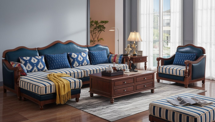 Sofá esquinero azul con sillón, sofá colonial en estilo antiguo.