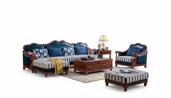 Sofá esquinero azul con sillón, sofá colonial en estilo antiguo.