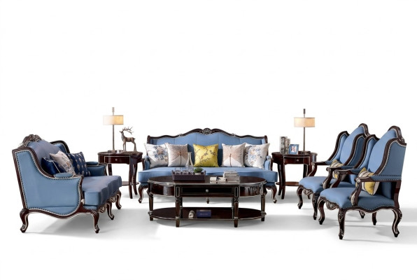 Conjunto de sofás clásicos Chesterfield de lujo 3+2+1+1 asientos azul y negro