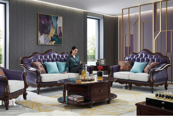 Sofá de cuero Chesterfield morado Juego de sofás clásicos de sofá de tela pasillo