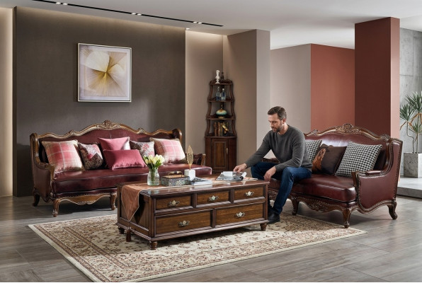 Imperio Estados Unidos Muebles Estilo Antiguo Sofá de Cuero de 3 plazas + 2 butacas Juego de Sofás Sofa