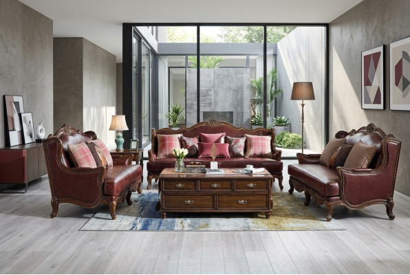 Imperio Estados Unidos Muebles Estilo Antiguo Sofá de Cuero de 3 plazas + 2 butacas Juego de Sofás Sofa
