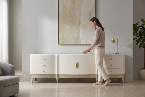Mueble de salón de madera blanco para TV con armario lateral de lujo.