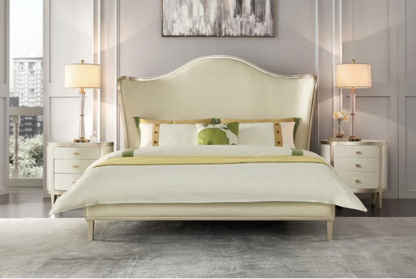 Juego de dormitorio moderno con cama doble y mesitas de noche.
