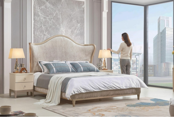 Diseño de lujo Cama doble de plata Muebles del dormitorio Cama Tapizado Tela Textil