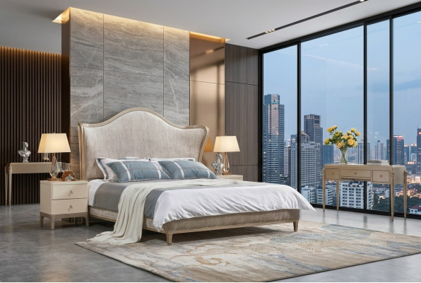 Diseño de lujo Cama doble de plata Muebles del dormitorio Cama Tapizado Tela Textil