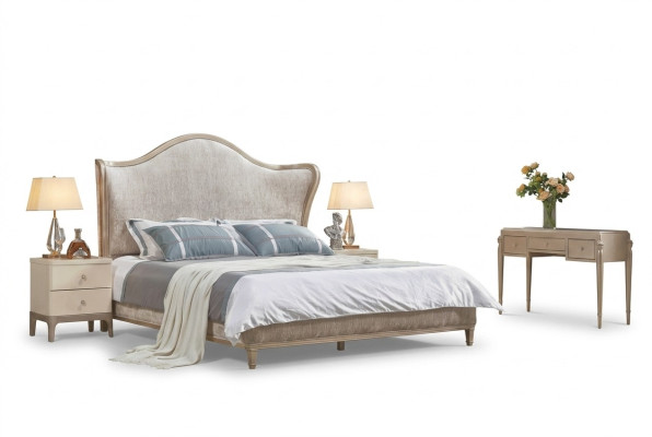 Diseño de lujo Cama doble de plata Muebles del dormitorio Cama Tapizado Tela Textil