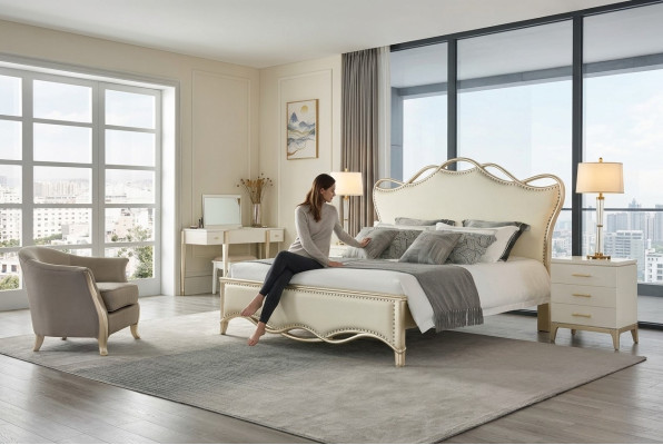 Diseño cama dormitorio camas textil lujo tapizado asiento tela beige muebles nuevo