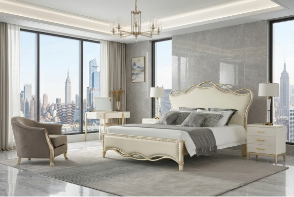 Diseño cama dormitorio camas textil lujo tapizado asiento tela beige muebles nuevo