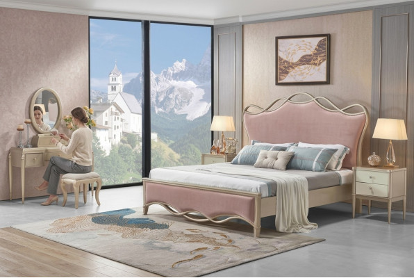 Diseño dormitorio cama de lujo camas de cuero rosa doble tapizado muebles textil nuevo