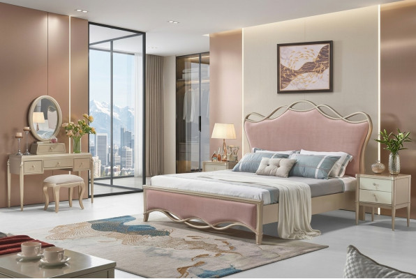 Diseño dormitorio cama de lujo camas de cuero rosa doble tapizado muebles textil nuevo