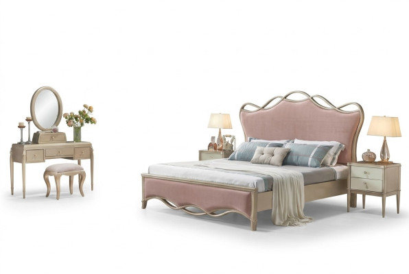 Diseño dormitorio cama de lujo camas de cuero rosa doble tapizado muebles textil nuevo