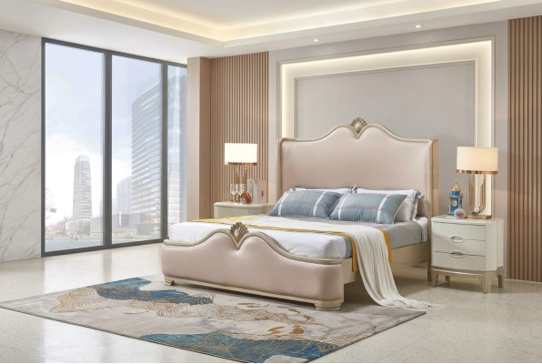 Conjunto de dormitorio barroco con cama y mesitas de noche sin esquinas afiladas.
