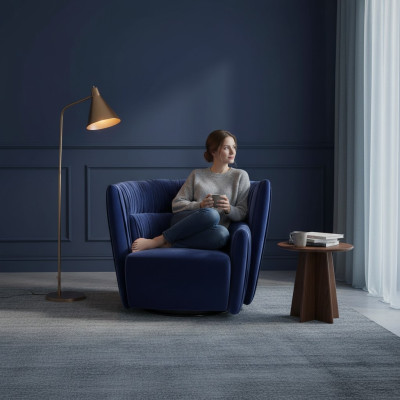 Sillón individual de estilo italiano, tapizado en madera y textil de lujo en color azul.