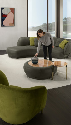 Sofá de tela de 3 plazas con tapizado de cuero moderno, asiento de relax, muebles de lujo, sofá esquinero redondo.