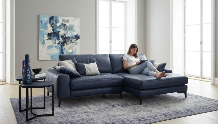 Sofá esquinero Salón Sofás Cuero Lujo Forma L Moderno Muebles Azul Nuevo