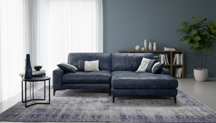 Sofá esquinero Salón Sofás Cuero Lujo Forma L Moderno Muebles Azul Nuevo
