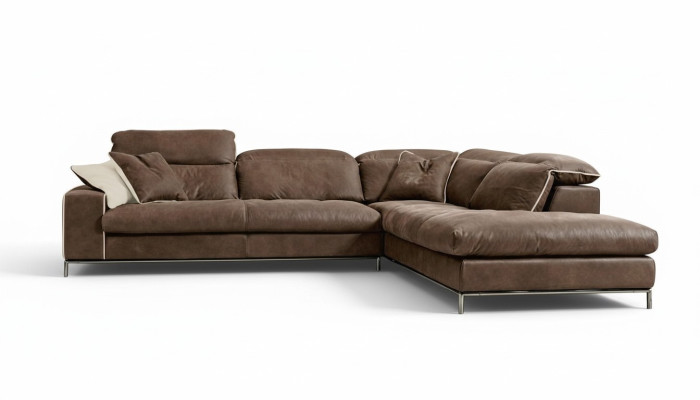 Sofá esquinero de diseño Prianera Moderno de lujo Esquina de cuero y madera Sofá en forma de L Marrón