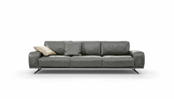 Sofá 3 plazas de lujo de cuero para sala de estar en color gris de diseño Prianera.