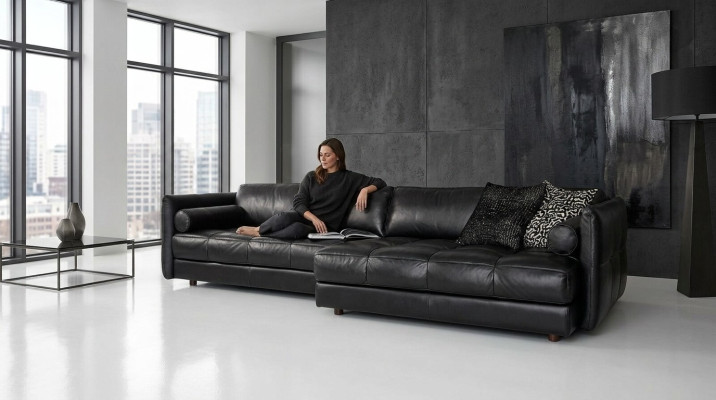 Sofá moderno de lujo, sofá esquinero, muebles tapizados, sala de estar en forma de L negro de diseño de cuero.