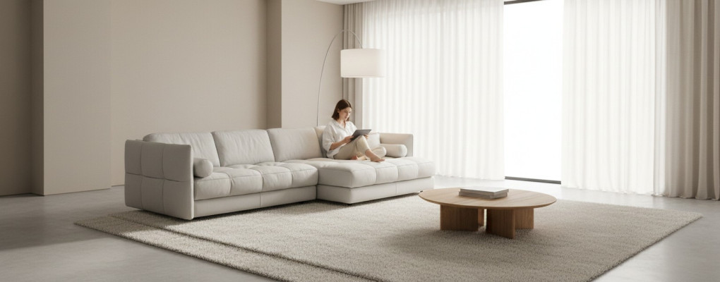 Sofá de esquina de lujo blanco moderno en forma de L de salón.