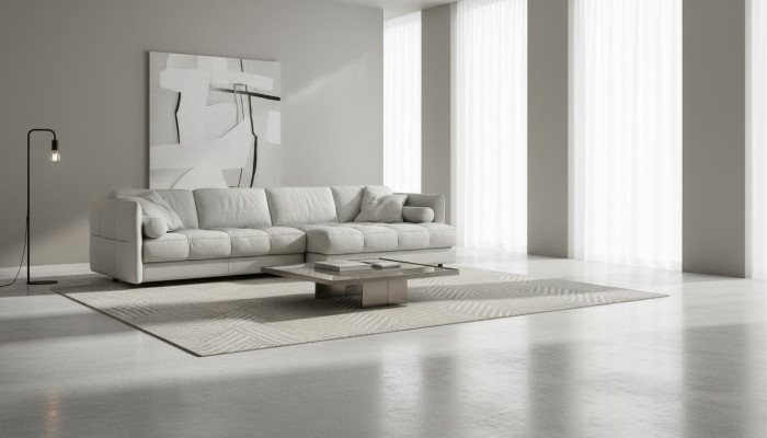 Sofá de esquina de lujo blanco moderno en forma de L de salón.