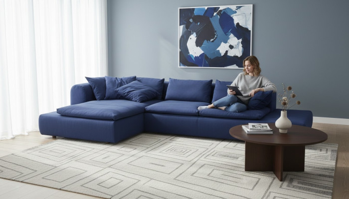 Sofá esquinero en forma de L Muebles Azul Sofás Textil Acolchado Sofás Sofa