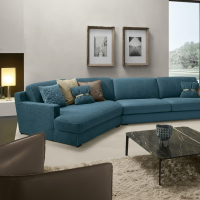 Sofá de diseño en forma de L, sofá tapizado, muebles de salón, sofá esquinero, textil azul.
