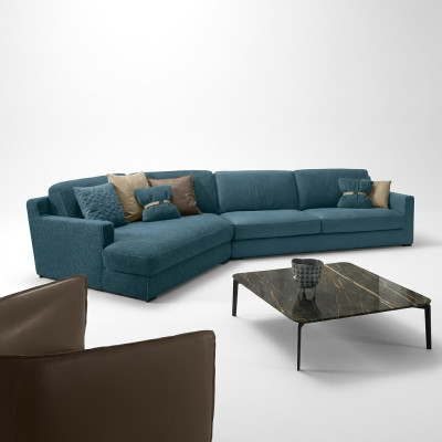Sofá de diseño en forma de L, sofá tapizado, muebles de salón, sofá esquinero, textil azul.