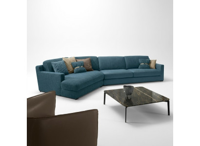 Sofá de diseño en forma de L, sofá tapizado, muebles de salón, sofá esquinero, textil azul.
