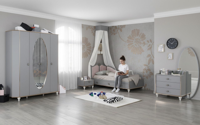 Set de diseño para habitación infantil con cama, mesita de noche, cómoda y armario de 4 piezas.