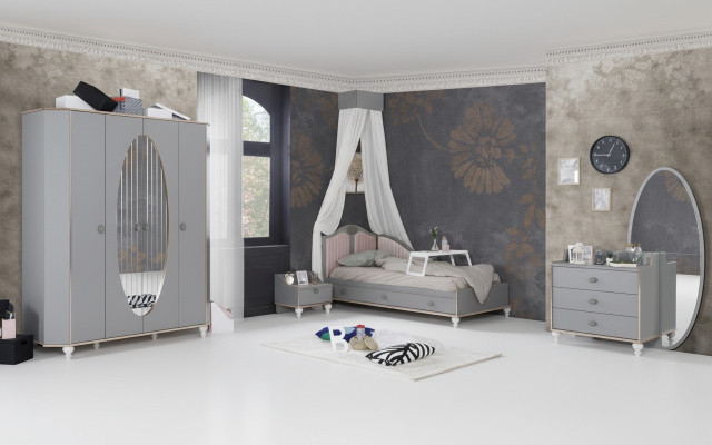 Set de diseño para habitación infantil con cama, mesita de noche, cómoda y armario de 4 piezas.