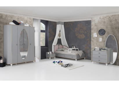 Set de diseño para habitación infantil con cama, mesita de noche, cómoda y armario de 4 piezas.
