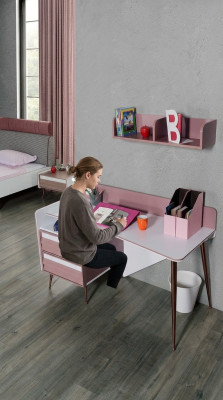 Escritorio de madera rosa, mesa, escritorio, estante, muebles, diseño de sala juvenil.