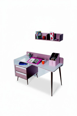 Escritorio de madera rosa, mesa, escritorio, estante, muebles, diseño de sala juvenil.