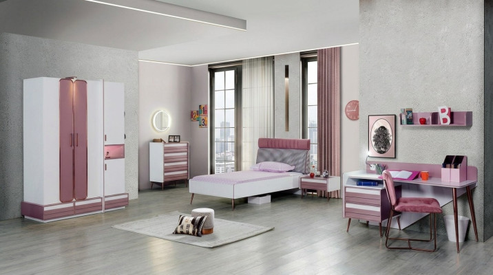 Sala infantil completa Cama Armario Cómoda Espejo Estantería de pared 7 piezas