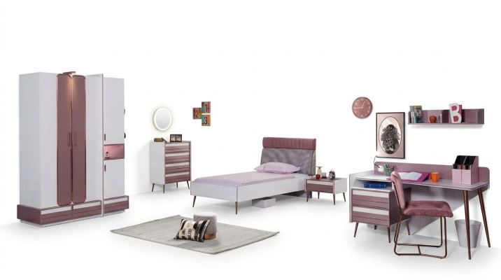 Sala infantil completa Cama Armario Cómoda Espejo Estantería de pared 7 piezas