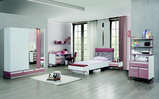 Set de habitación infantil de lujo de 7 piezas: cama, mesita de noche, cómoda, armario, estante de pared.