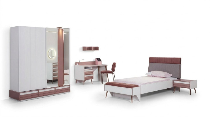 Set de habitación infantil de lujo de 7 piezas: cama, mesita de noche, cómoda, armario, estante de pared.