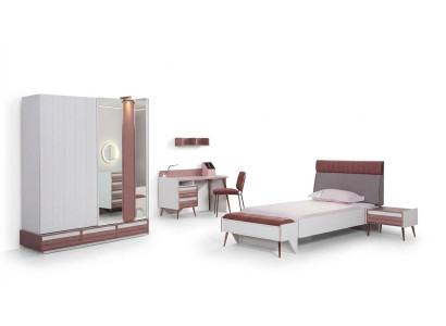 Set de habitación infantil de lujo de 7 piezas: cama, mesita de noche, cómoda, armario, estante de pared.