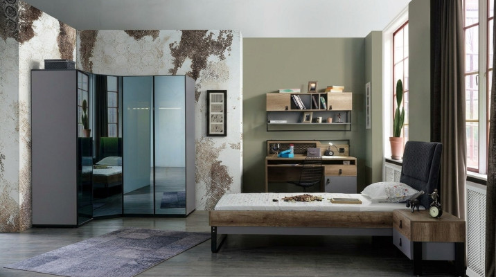 Set de habitación juvenil Cama Armario de esquina Mesita de noche Escritorio Muebles 4 piezas Nuevo