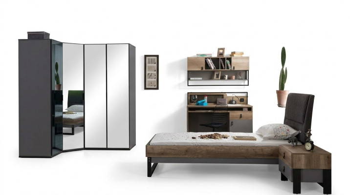 Set de habitación juvenil Cama Armario de esquina Mesita de noche Escritorio Muebles 4 piezas Nuevo