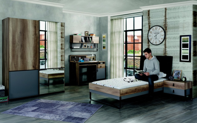 Conjunto moderno de dormitorio juvenil de 6 piezas: cama, mesita de noche, mesa, estantería de pared para el dormitorio.