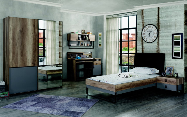 Conjunto moderno de dormitorio juvenil de 6 piezas: cama, mesita de noche, mesa, estantería de pared para el dormitorio.