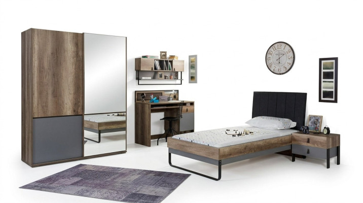 Conjunto moderno de dormitorio juvenil de 6 piezas: cama, mesita de noche, mesa, estantería de pared para el dormitorio.
