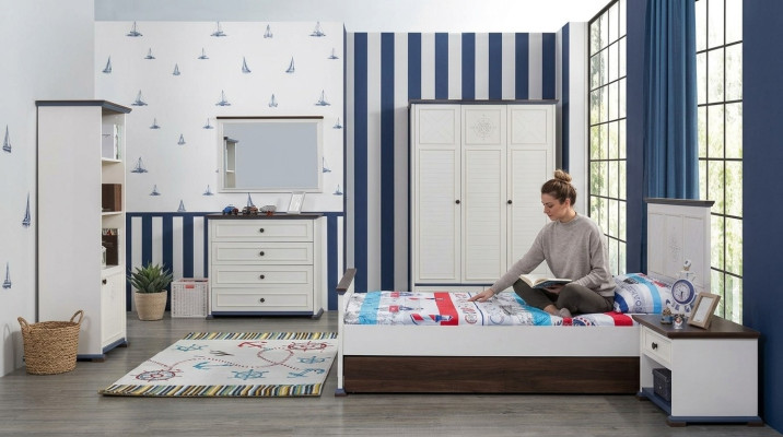 Habitación infantil Conjunto completo Cama Mesita de noche Armario Cómoda Espejo 6 piezas